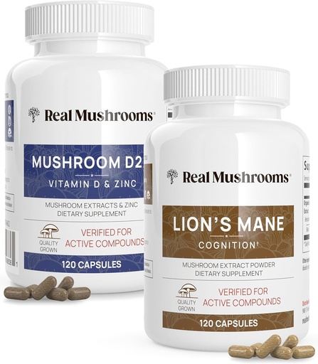 [BRSWYCT5DF6WYAA2] Real Mushrooms Vitamin D2, Zinc, Chaga, Reishi (120ct) and Lion's Mane (120ct) Bundle - Immunity and Cognitive Support, Chelated Zinc for Improved Absorption - Vegan, Gluten Free, Non-GMO