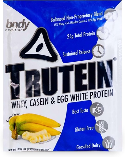[BRSWKZT7CIIAIFDO] Body Nutrition Trutein High Protein Powder: 45% Whey, 45% Casein, 10% Egg White, Gluten-Free, Low Sodium, Grass Fed Whey Protein Powder, Gym Supplement & Breakfast Shake, Banana Cream, 34g Sample