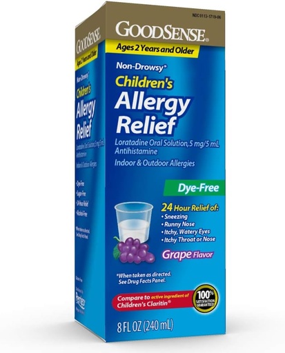 [BRSWGHYKPJ7AYAD6] GoodSense Children’s Allergy Medicine, 24 Hour Loratadine Oral Solution 5 mg/5 mL, Dye-Free, Non-Drowsy Antihistamine, Grape Flavor, Ages 2 and Older, 8 oz