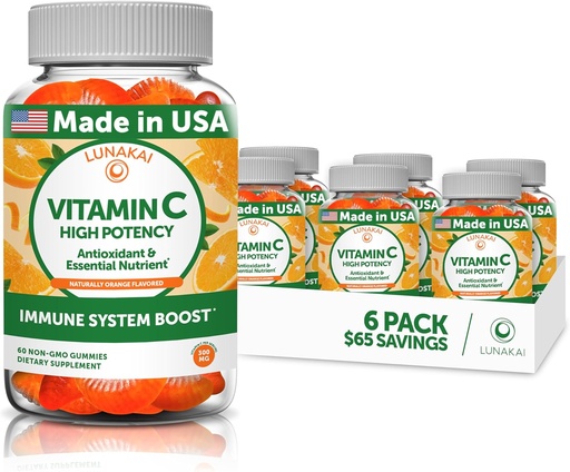 [BRSRMAIRB57GKA3G] Lunakai Vitamin C Gummies for Adults and Kids - Organic VIT C Vegan Chewable Gummy Vitamins - 250 mg Adult, Children, Toddler Chews - 6 Pack