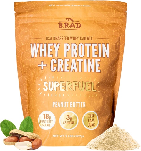[BRSRA2Y6DNYBOFA4] B.rad Superfuel - Græs Fed Whey Protein Isolate Boostet med Creatin • 124; Farm- Fresh, Easy- to- Digest, Clean Ingredients • 124; 2 Pounds • 124; 100% USA • Sourced • 124; Peanut Butter