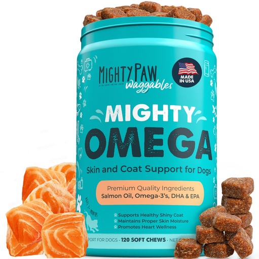 [BRSROZYQOF6GMEQ7] Mighty Paw Waggables Mighty Omega (Made in The USA, 120 Count) | Omega 3 Fish Oil Chew for Dogs. Salmon Flavor Skin and Coat Supplement. Soft Chew Fish Oil for Dogs - DHA & EPA, Bacon Flavor