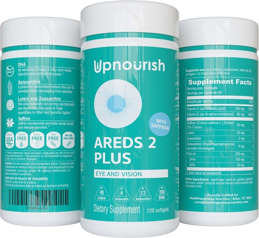 [BRSWGC37CJ7QAH3L] UpNourish AREDS 2+ - Advanced Eye Vitamin Supplement for Macular Health and Dry Eye - Lutein, Zeaxanthin, Saffron, Astaxanthin & DHA - Supports Eye Strain, Pressure, Night Vision - 120 softgels