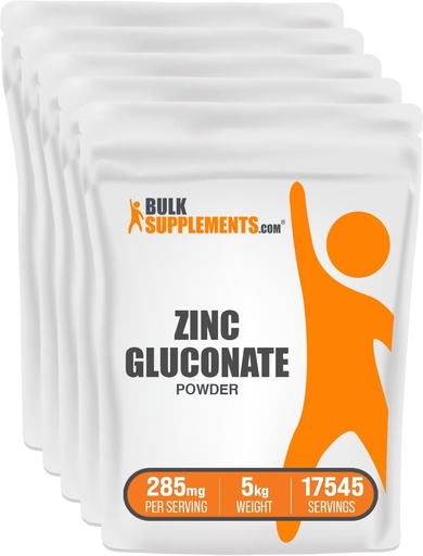 [BRSWIAY5OYCWMADE] BulkSupplements.com Zinc Gluconate Powder - Zinc 40mg, Zinc Powder - Zinc Supplement for Immune Support - Gluten Free, 285mg per Serving, 5kg (11 lbs) (Pack of 5)