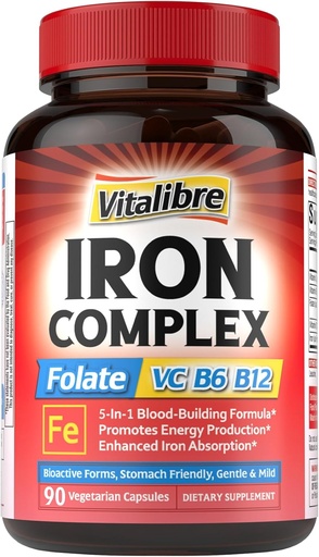 [BRSRAFIRCQGWGYA6] Iron Supplement for Women & Men, with Vitamins C, B6, B12 & Folate for Iron Deficiency, Blood Building & Energy Support, Stomach Friendly, Better Absorption, Non-GMO, No Gluten, 90 Vegan Caps
