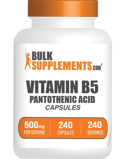 [BRSRMA35AEMQMCL2] ﻿BulkSupplements.com Vitamin B5 Capsules - as Pantothenic Acid, B Vitamin Supplement, Pantothenic Acid 500 mg - Gluten Free, 1 Capsule per Serving, 240 Capsules (Pack of 1)