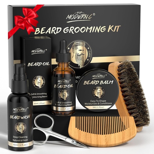 [BRSROYYHOR6GMGQU] POP MODERN.C Beard Growth Kit Beard Grooming Kit 6pcs Beard Wash Shampoo Beard Oil Beard Balm Beard Comb Brush Scissors