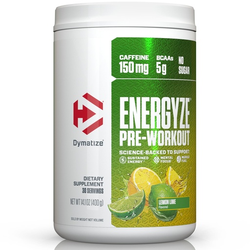 [BRSRAZDRPNYBU2A2] Dymatize Energyze Pre Workout Powder for Men and Women, Lemon Lime Flavor, 150mg Caffeine, 5g BCAAs, Performance Blend of L-Theanine, L-Tyrosine, L-Citrulline, No Sugar, 30 Servings