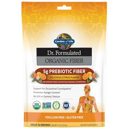 [BRSWKYQKCMMGYELK] Garden of Life Dr. Formulated Organic Fiber Powder, Citrus Flavor, Prebiotic Superfood Fiber Supplement, Constipation Relief, Psyllium Free, 32 Servings