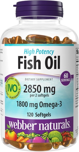 [BRSWY2TRCV5RUDI6] Webber Naturals Fish Oil 2850 mg, High Potency, 1,800 mg Omega-3 per Serving, 120 Clear Enteric Softgels, No Fishy Aftertaste, Ultra-Purified, Supports Heart, Cognitive, and Joint Health