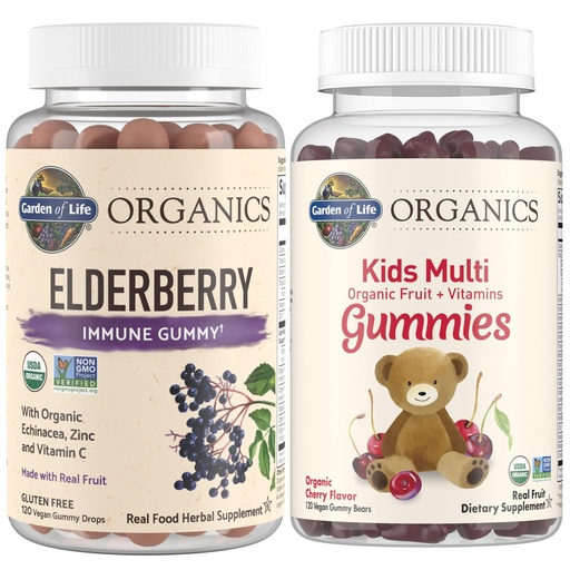 [BRSRAYYYDN6BAFLU] Garden of Life Organics Kids Immune Bundle – Elderberry Immune Support Gummies (120 Count) + Certified Organic Kids Multivitamin Gummies, Non-GMO, Gluten Free, Cherry (120 Count)