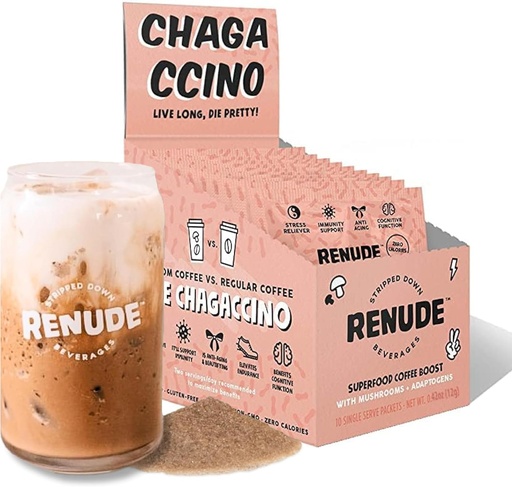 [BRSWYAI7CB5WKD3G] Renude Chagaccino - Chaga Mushroom Powder, Mushroom Coffee Drink Mix with Adaptogens, Natural Energy and Immune Support, Vegan, Keto, Zero Calorie Mushroom Blend Powder - 10 Servimientos