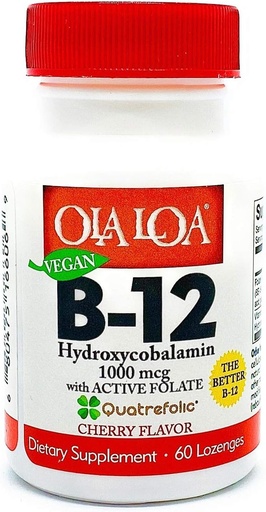 [BRSWIB32OR4QOH3A] Ola Loa Vitamin B12 Sublingual Cherry Dietary Supplement - HydroxyCobalamin, Active Folate, Vegan Formula - Promote Your Body's Energy, Nerve, and Brain Support - 60 Tablets