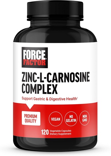 [BRSRAFL5O4FAK2TZ] FORCE FACTOR Zink L-Carnosine Capsules ter ondersteuning van maag- en spijsverterings-, spijsverterings- en opgeblazen supplement, Vegan, Non-GMO, No Gelatine, 120 Capsules