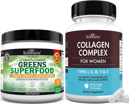[BRSRABLQPMNRUGQY] Super Greens Powder with Probiotics Prebiotics and Digestive Enzymes (30 Servings) Plus Hydrolyzed Collagen Peptide Capsules (45 Day Supply)
