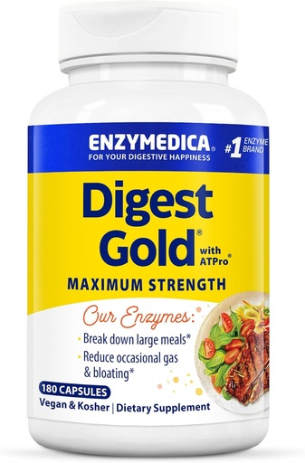 [BRSWKHQROYDREHI2] Enzymedica - Digest Gold con ATPro, supplemento giornaliero di supporto digestivo con enzimi e ATP, 180 capsule