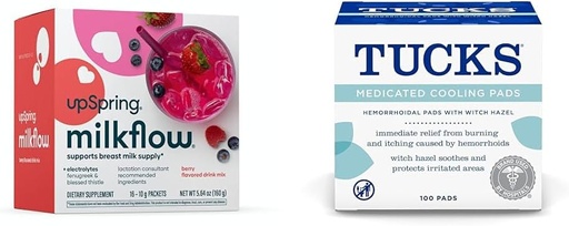 [BRSRAYYYBEPWK2DZ] UpSpring Milkflow Electrolyte Breastfeeding Supplement Drink Mix with Fenugreek | Berry Flavor | 16 Drink Mixes + TUCKS Medicated Cooling Pads, 100 Count