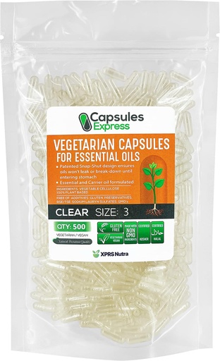 [BRSW2ZIPAABQE2DF] XPRS Nutra Size 3 Empty Vegan Capsules - 500 Count Clear Veggie Capsules for Most Essential Oils - Empty Vegetable Pills - DIY Oil Filling