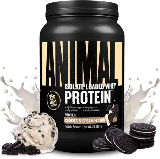 [BRSWKYATOQFRSELY] Animal Whey Isolate Protein Powder - Cargado para Pre &amp; Post Workout Muscle Builder y recuperación con enzimas digestivas para hombres y mujeres - 25g Proteína, gran sabor, bajo azúcar - Cookies &amp; Cream 2 libras