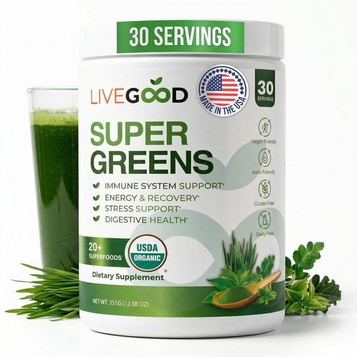 [BRSROAICPMHGGADD] LIVEGOOD Daily Greens Powder Organic Blend for Digestion & Focus – Super Greens Supplement Powder for Immune Support – 30 Servings