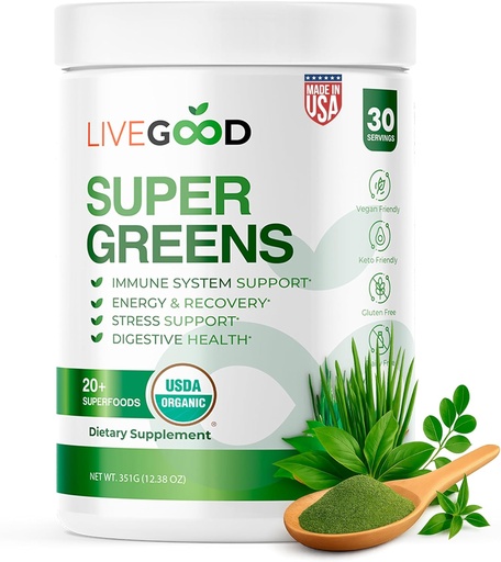 [BRSROAICPMHGGADD] LiveGood Super Green Powder Organic Superfood med hvedegræs pulver, Daglig Superfood pulver til immunforsvar, Energi og Detox, Green Juice Powder Supplement (30 Servere), 12.38 Oz