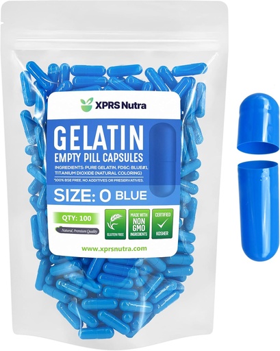 [BRSWYY3YOIFBG3Y3] XPRS Nutra Size 0 Empty Capsules - 100 Count Empty Gelatin Capsules - Pills DIY Capsule Filling - Pure Bovine Pill Gel Caps for Do-It-Yourself Supplements (Blue)