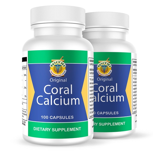 [BRSWKFYABMHRA3TG] Calcio de Coral Set de 2 frascos con 100 capsulas CADA uno. Reforzado con Vitamina D y Magnesio.Combate: Cansancio, Dolor de huesos, insomnio, Calambres, Artritis. 100% Natural.