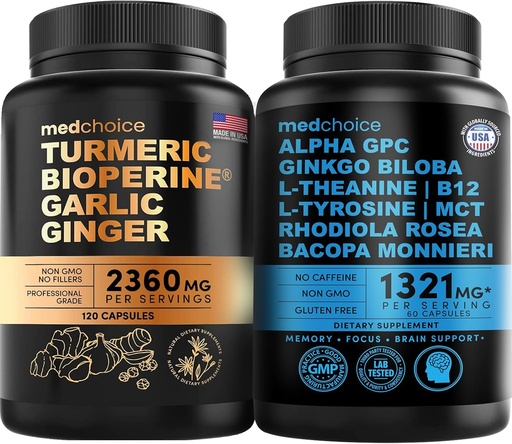 [BRSROGAEOIHR43IU] MEDCHOICE Turmeric & Ginger (120ct) and Nootropic Brain (60ct) Supplement Bundle - Wellness Duo for Joint, Digestion, Brain, & Mood Support - Vegan, Non-GMO, Gluten-Free