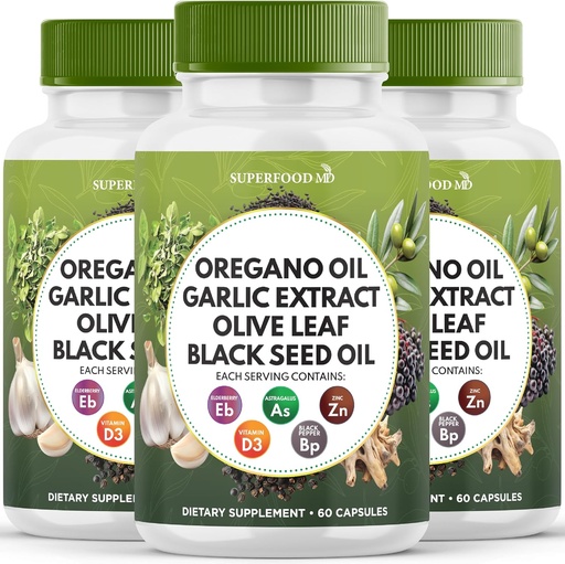 [BRSRAFD6OAPWGEI4] Oregano Oil Garlic Extract Olive Leaf Black Seed Oil Astragalus - Immune Support Supplement for Women and Men- 180 Count