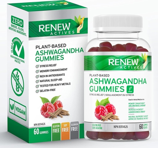 [BRSW2HDQBN4AGCDD] Renew Actives Ashwagandha 100MG per 4 Gummies – Memory, Focus & Energy Boost – Traditionally Used as a Rejuvenative Tonic – Vegan, Herbal Adaptogen – Made in Canada – 60 Gummies