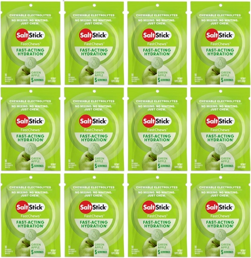[BRSROAQFOZ7BGEY2] SaltStick Electrolyte FastChews - 120 Grev Green Apple Flavor - Electrolyte Tablets for Hydration, Salt Tabs - 10 Greve (pakke med 12)