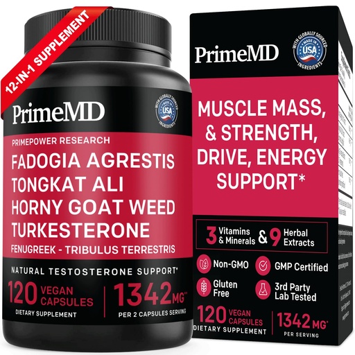 [BRSRMCANC4DRQCIV] Fadogia Agrestis and Tongkat Ali Supplement for Men – 12-in-1 Testosterone Booster with Turkesterone, Horny Goat Weed, Maca Root, Zinc - 1342mg, 120 Vegan Capsules - 3rd Party Tested