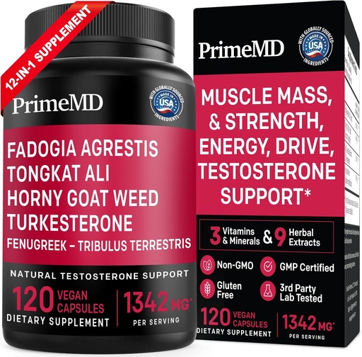 [BRSRMCANC4DRQCIV] PrimeMD 12-in-1 Fadogia Agrestis and Tongkat Ali - Testosterone Supplement for Men with Turkesterone - HornyGoatWeed for Men for Overall Well-Being with 1342mg Per Serving (120 Capsules) (Pack of 1)