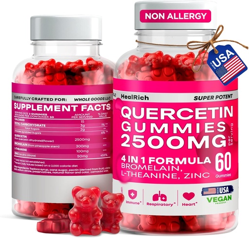 Quercetin Gummies - 2500MG Quercetin with Bromelain L-theanine & Zinc - Pure Supplement for Immune System Lung and Allergy Support - Immunity Booster Vegan Supplements for Kids & Adults - Made in US