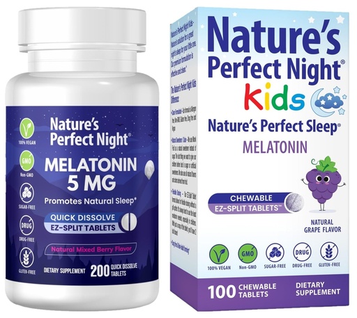 [BRSROGQEOAIQY3Y7] Nature's Perfect Night Bundle | Melatonin 5mg | Kids Melatonin 1mg | 200 Count | 100 Count | Sugar Free | Gluten Free | Non-GMO | Vegan