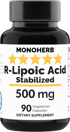 [BRSRAFI7OV6B4YIU] R-Lipoic Acid 500 mg - 90 Veg Capsules - Stabilized R-Alpha-Lipoic Acid