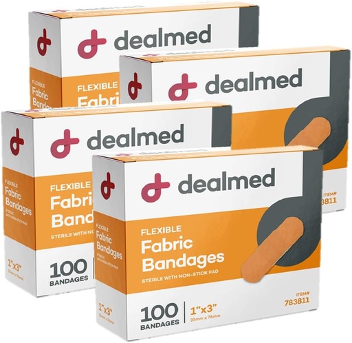 [BRSROFL7CQJQAE3F] Dealmed Sterile Flexible Fabric Adhesive Bandages – 1x3 Inch – 100/Box - 4 Boxes - Breathable First Aid Strip Pack - Soft Stretch Wound Patch for Medical, Emergency Kits & Clinic