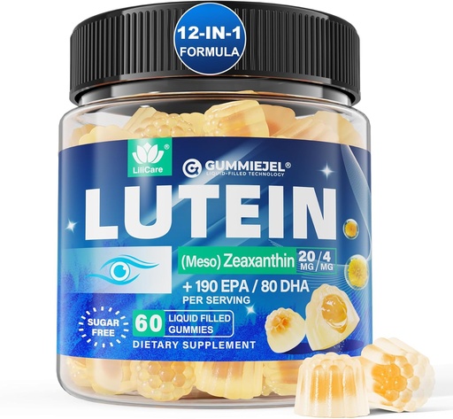 [BRSROAYZOF5QACD4] Lutein sin azúcar 20mg 40mg y Zeaxanthin Gummies for Eyes with Omega 3 (EPA 190mg & DHA 80mg), Lutein Suplementos Vitaminas Ojo Mangas Filled Plus Bilberry, Goji Berry &amp; Saffron, Vegan - 60 Condes