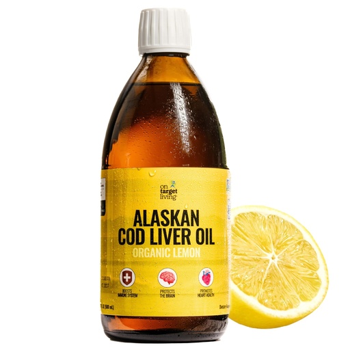 [BRSWGGAKOQMA43YU] On Target Living Alaskan Cod Liver Oil Liquid | Organic Lemon Flavor 16.67 oz | Line Caught in The USA | Naturally Occurring Vitamin D | Rich in Omega 3 DHA/EPA | Non-GMO Project Certified
