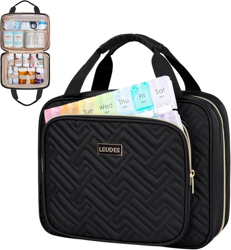 [BRSRMZABCMDWCA32] Leudes Travel Pill Bottle Organizer,Medicine Organizer and Storage,Home Medication Bag, Cases,Carrier for Pills,Vitamin,Fish Oil,Supplements for Women and Men (Medium, Black)