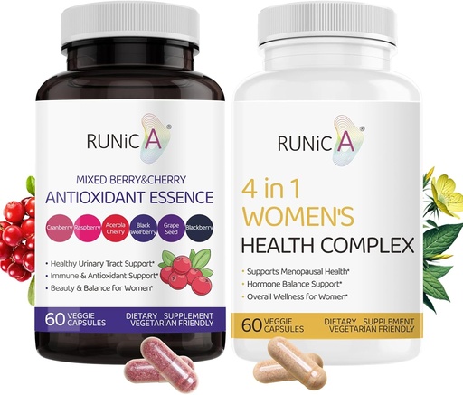 [BRSRAEIDBEHGOA3L] 4 in 1 Women Menopause Supplement & Mixed Berry Cherry Antioxidants Supplement Bundle - Soy Isoflavones, Cranberry and More