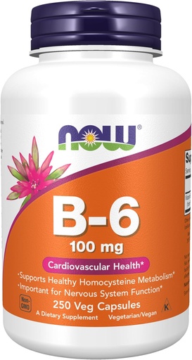 [BRSWIZYZOMIQMEQ5] NOW Foods Supplements, Vitamin B-6 (Pyridoxine HCl) 100 mg, Cardiovascular Health, 250 Veg Capsules