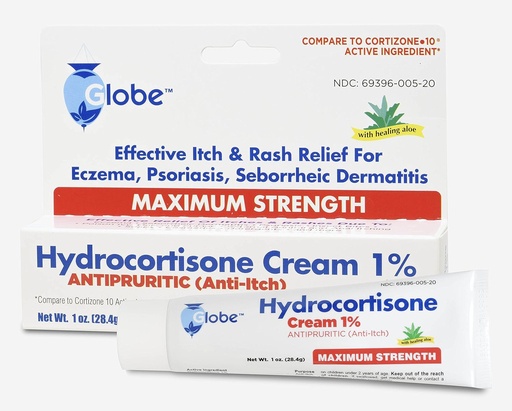 [BRSWKGICBICRYHLY] Globe Hydrocortisone Maximum Strength Cream 1% w/ Aloe, Anti-Itch Cream for Redness, Swelling, Itching, Rash & Dermatitis, Bug/Mosquito Bites, Eczema, Hemorrhoids & More