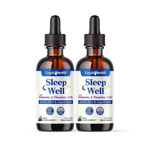 [BRSWYHAPBF4AIAA6] LIQUIDHEALTH Sleep Well Liquid Melatonin, L-Theanine Supplement Natural Sleep Aid, Fall Asleep Faster, Stay Asleep Longer - USA Made, Vegan, Sugar Free, Drug Free, Non-GMO Sleep Spray Drops (2 Pack)