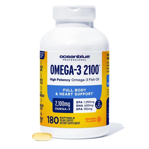 [BRSWYAIKBMMRUCDA] Oceanblue Professional Omega-3 2100 – 180 ct – Triple Strength Burpless Fish Oil Supplement with High-Potency EPA, DHA, DPA – Wild-Caught – Orange Flavor (90 Servings)