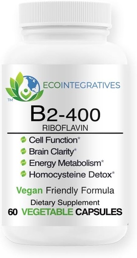 [BRSRAYIKCN6AKG32] B2- 400 Pure Riboflavin - Nervesystemet Sundhed, Homocystein Detox, Kardiovaskulær, Hjælper Boost Energy, Mental Clarity, Metabolisme og Cell Funktion (60, Unflavored)