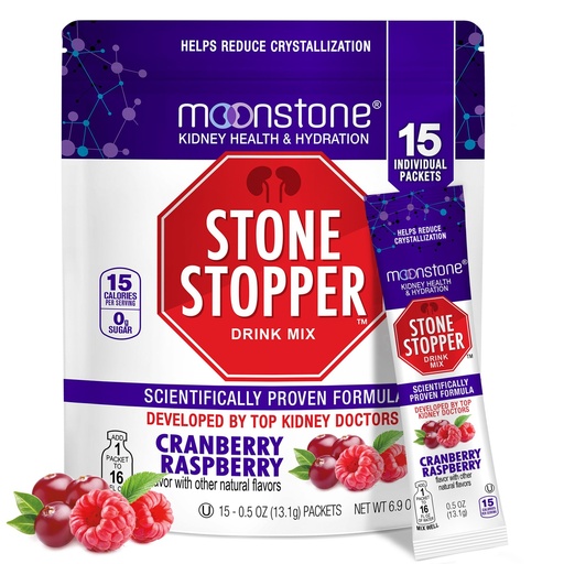 [BRSWYFQFOZ5QK2DA] Moonstone Stone Stopper Drink Mix, Cranberry Raspberry, Kidney Stone Prevention, Calcium Oxalate Protector, Developed by Urologists to Improve Hydration and Support Kidney Health, 15 Day Supply