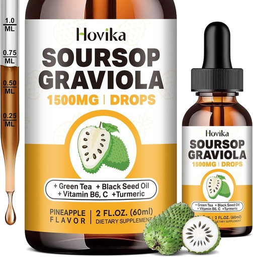 [BRSRAYA5BUBRACYV] Soursop Graviola Liquid Drops 1500mg - Soursop Leaves & Fruit with Green Tea, Black Seed Oil, Turmeric for Cell Support, Immune, Antioxidant - Bitters Liquid, Natural Pineapple Flavor 2 Fl Oz