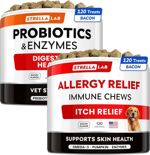 [BRSROAY3CJ7QICIV] Vet Strength Probiotics + Allergy Relief for Dogs Bundle - Chewable Fiber Supplement + Itchy Skin Treatment - Digestive Enzymes + Pumpkin - Upset Stomach Relief + Hotspot Relief -240 ct - Made in USA