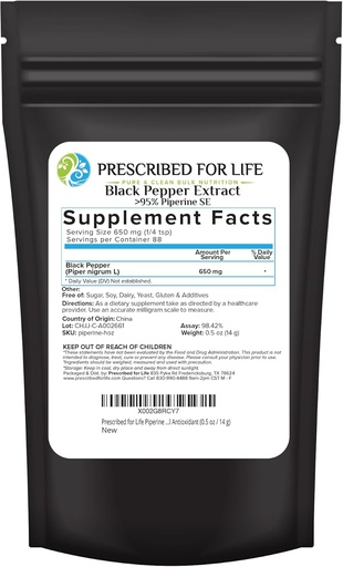 [BRSWYZT5CIHQK3D2] Prescribed For Life Piperine Powder, 95% Black Pepper Extract Powder, Boosts Nutrient Absorption, Gluten Free, Vegan, Non GMO, Natural Antioxidant (0.5oz / 14g)